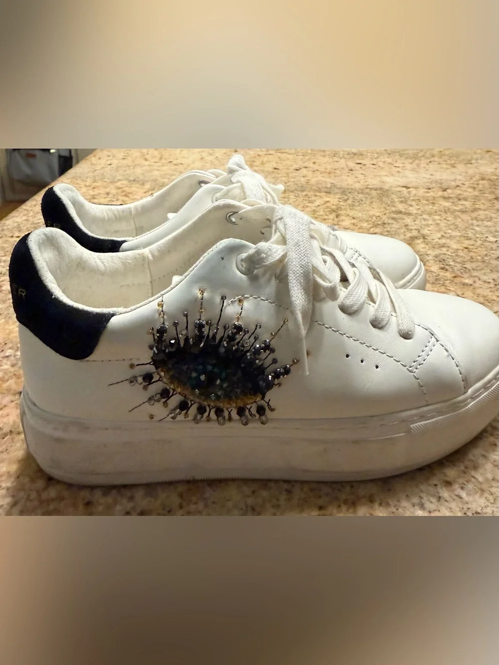 Kurt Geiger White Leather Platform Sneaker with Beaded Eye Motif
